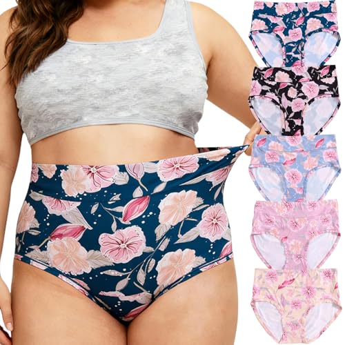 Image of Women's Plus Size XL-5XL Underwear High Waist Briefs Panties Rose Floral Print Ladies Undies 5-Pack