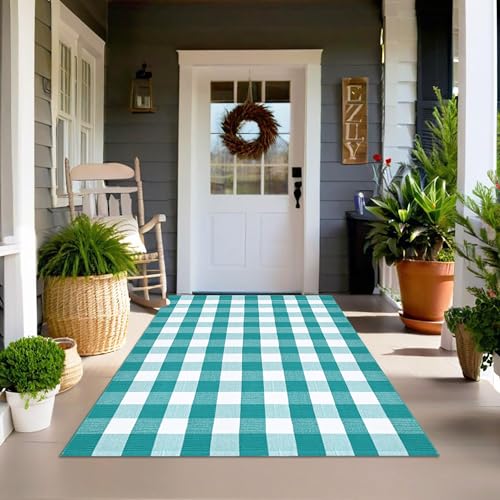 Buffalo Plaid Outdoor Rugs, 4’x6′ Green and White Checkered Indoor/Outdoor Area Rug, Layering Rug for Hello/Welcome Door Mat, Washable Cotton Woven Farmhouse Mat for Spring Easter Front Porch Décor