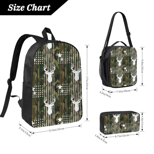 Backpack For Unisex With Lunch Box Pencil Case (for Deer Camo Camouflage American Flag Hunting Black)4