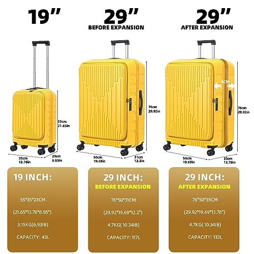 Image of Kaleenie 2 Pieces 19 /29 Luggage Sets, 19 Inch Carry On Luggage with Front Pocket & 29 Inch Side Opening Suitcase, Ligthweight ABS+PC Hardshell, TSA Lock & YKK Zipper with HINOMOTO 360 Wheels, Yellow