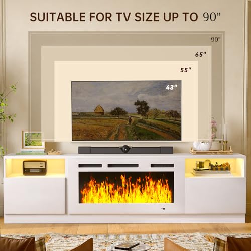 Image of MXV 80 inch Fireplace TV Stand for TVs Up to 90 inch, LED Light Entertainment Center with 36 inch Electric Fireplace, Modern Wood Texture TV Media Console with Highlight Storage Cabinet, White-White