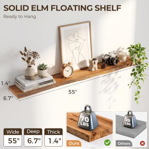 Image of Live Edge Elm Floating Shelves - 55 In Rustic Solid Wood Shelves with Heavy-Duty Invisible Bracket, Wall-Mounted Wooden Shelf for Living Room, Bathroom, Kitchen Storage & Display, Set of 1, Natural