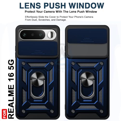 Image of AESTMO Tough Armor Realme 16 5G Bumper Back Case Cover | Ring Holder & Sliding Camera Shield Cover | 360 Degree Protection Back Case Cover for Realme 16 5G (Blue)