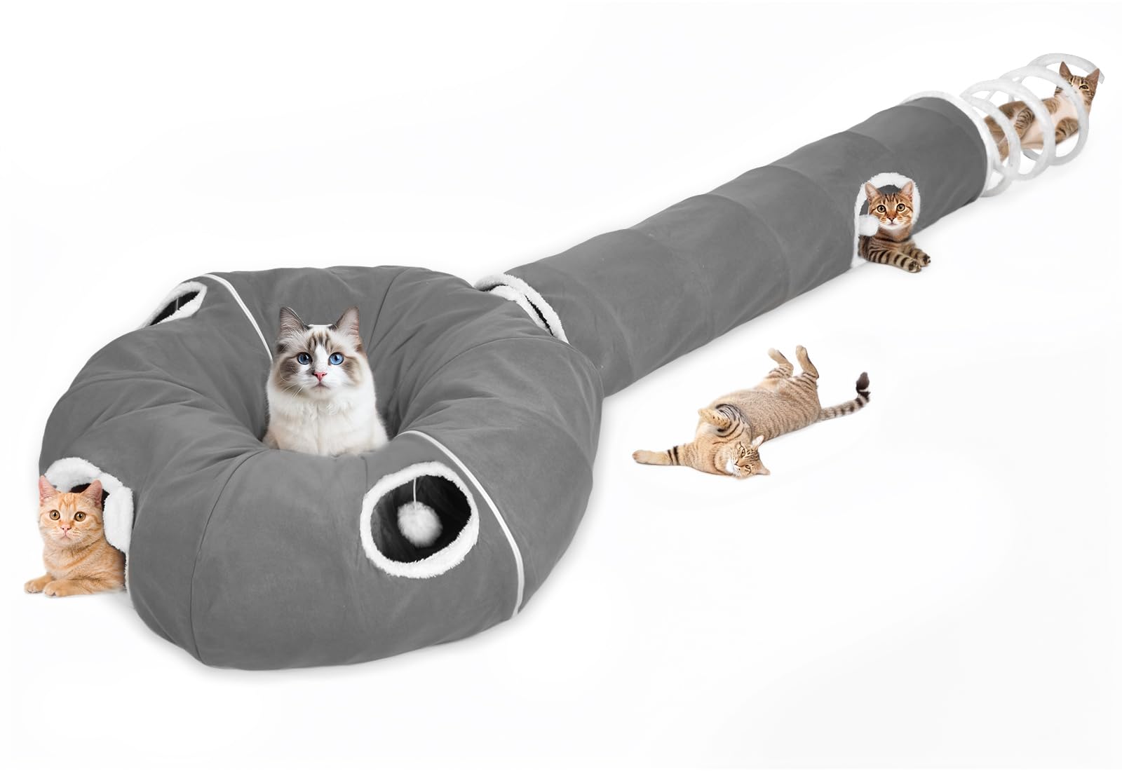 Ownpets Foldable Cat Tunnel with Spring Tail, 245cm Cat Tunnel with Bed, 3-Section Pet Play Tube with 4 Setups for Cats Rabbits Ferrets, Grey