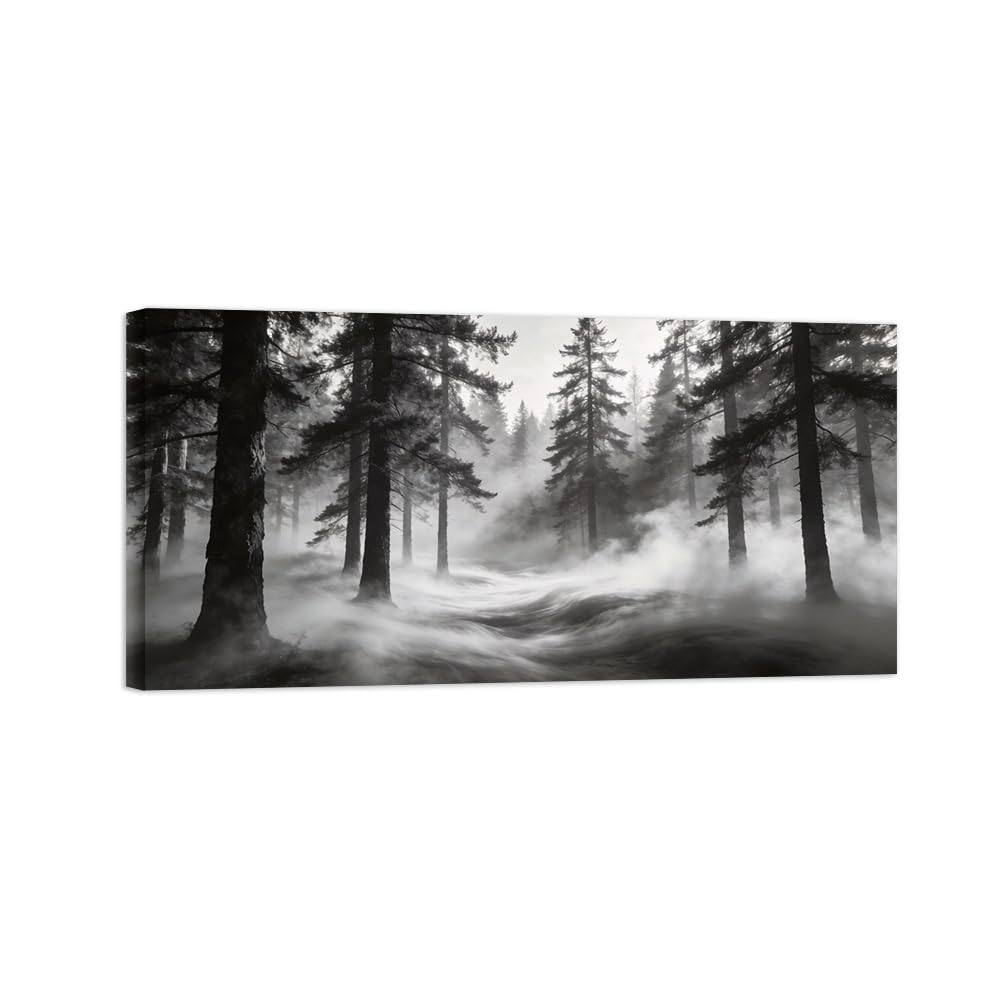 OZPWBVY Black and White Landscape Print Painting-Forest Clouds 2-Minimalist Canvas Wall Art Picture for Home Ready to Hang 24x47in 60x120cm Wrapped Canvas