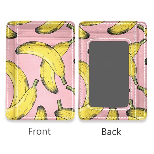 Slim Minimalist Wallet Yellow Banana on Pink Background Front Pocket Wallet PU Leather Rfid Blocking Wallets for Men and Women2