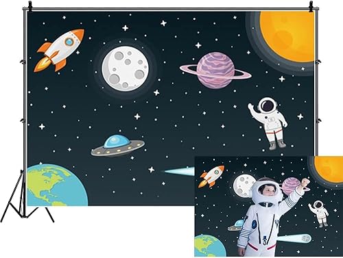Miniatura 8 de Renaiss Fondo de 7 x 5 pies con temática de astronauta, cohete y astronauta, astrología, planeta, galaxia, cohete, cometa, OVNI, fondo de dibujos