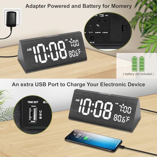Image of DreamSky Wooden Digital Alarm Clock for Bedroom with USB Port | 7.7 inch Electric Clocks with Large Numbers, Temperature, 0-100% Brightness Dimmer, Adjustable Alarm Volume, Snooze, 12 /24H