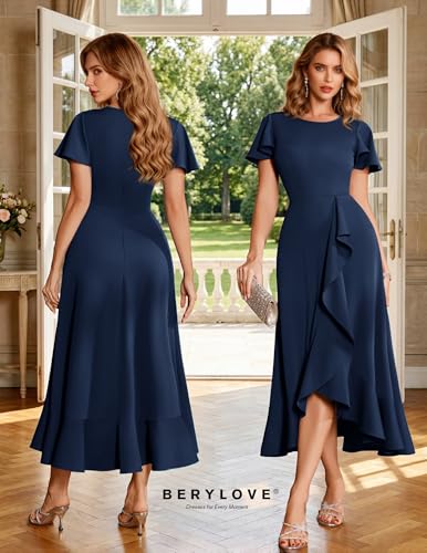 Image of BeryLove Women Formal Party Dress Flutter Short Sleeve Wedding Cocktail Long Evening Dress