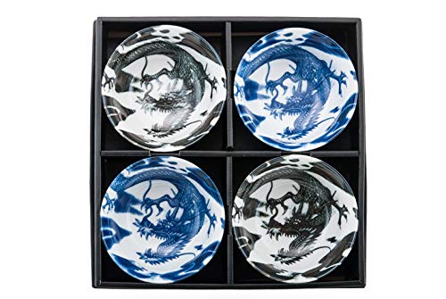 Authentic Japanese Porcelain Rice Bowl Set Of 4 Oriental Dragon Blue And Black Gift Set Made In Japan (5"D X 2.75H) #TOP2