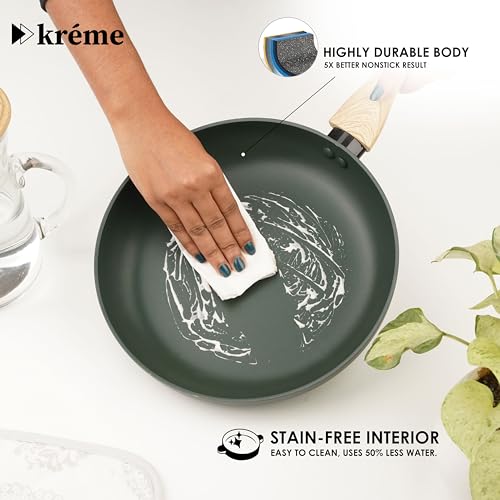 Image of Kreme Venetia Premium Series Granite Non-Stick 11 Pc Cookware Set | Kadai, Frypan, Dosa Tawa and Sauce Pot with Lid | Granite Coating | Induction & Gas Stove Use | Healthy Low-Oil Cooking, Green