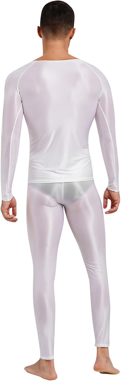 Men's 2Pcs Glossy Nylon Silky Outfits Smooth Undershirts with Sheer Leggings Bottoms