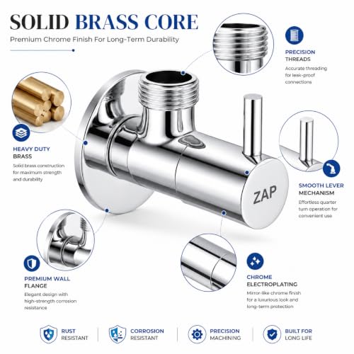 Image of ZAP Brass Angle Valve with Wall Flange | Chrome Finish Stop Cock for Basin Tap, Geyser, Jet Spray & Hand Shower | Heavy Duty Water Control Valve | Rust & Corrosion Resistant