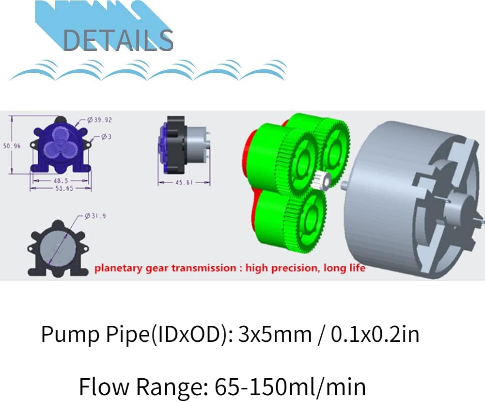 DC 6V Peristaltic Pump, Lab Aquarium Micro Peristaltic Pump, ID3mmxOD5mm, 65-150ml/min, Low Noise, for Biochemical Analysis, Pharmacy, etc(#3)