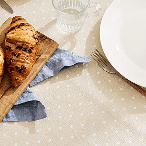 Spotted Cream Polka Dot Design Wipe Clean Tablecloth Beige with White PVC Table Cover - Rectangle 200 x 140 cm - Wipeable Vinyl Plastic Table Cloth With Retro Polkadot