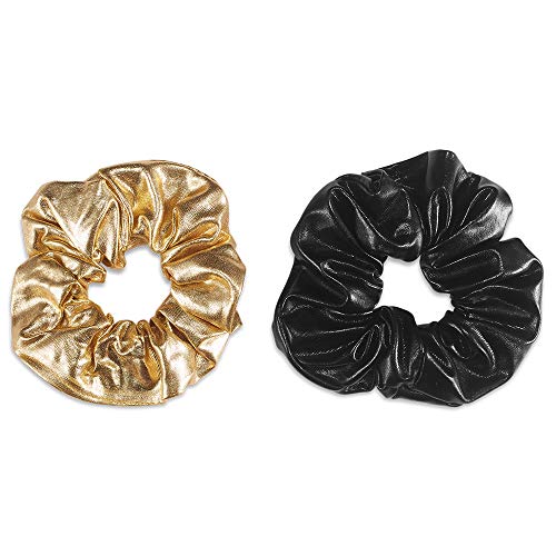 Scrunchies for Hair, Hair Ties Bands Cute Satin Cotton Scrunchies for Women 2 Pack (Black&Gold)