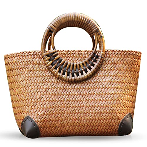 Image of Summer Beach Bag, Boho Handmade Rattan Handbag, Round Bamboo Handle, Large Straw Retro patternTote Bag for Beach Vacation Daily(Khaki)