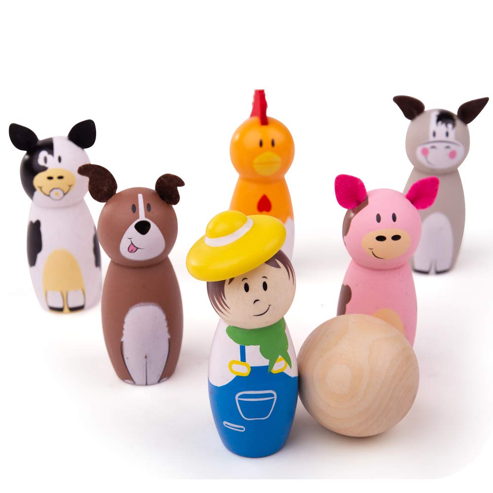 Bigjigs Toys Farm Wooden Skittles - Wooden Skittles for Toddlers with 6 Animal Skittles & 1 Bowling Ball, Educational Toy & Gifts for Kids aged 2 years +