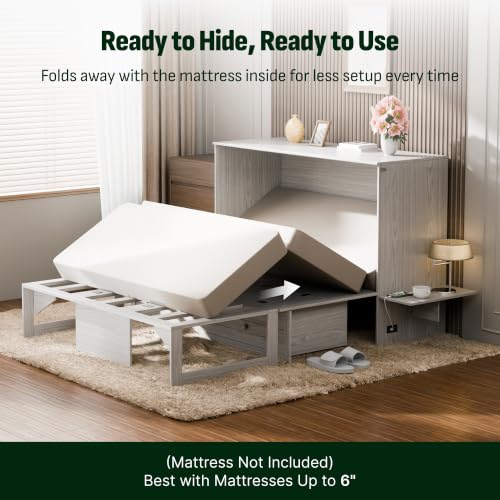 Image of Softa Queen Murphy Bed Cabinet with Storage Drawer & Charging Station, 1200 LBS Heavy Duty Wood Wall Bed with Fold-Down Desk for Guest Room & Home Office, No Box Spring Needed