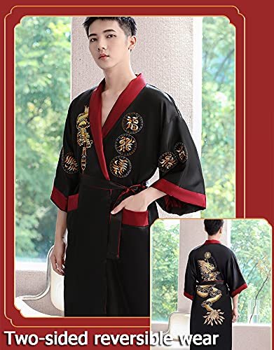 Robe for Men Dragon Embroidered Silk Satin Yukata Pajamas Kimono Bathrobe Sleepwear Night Gown2