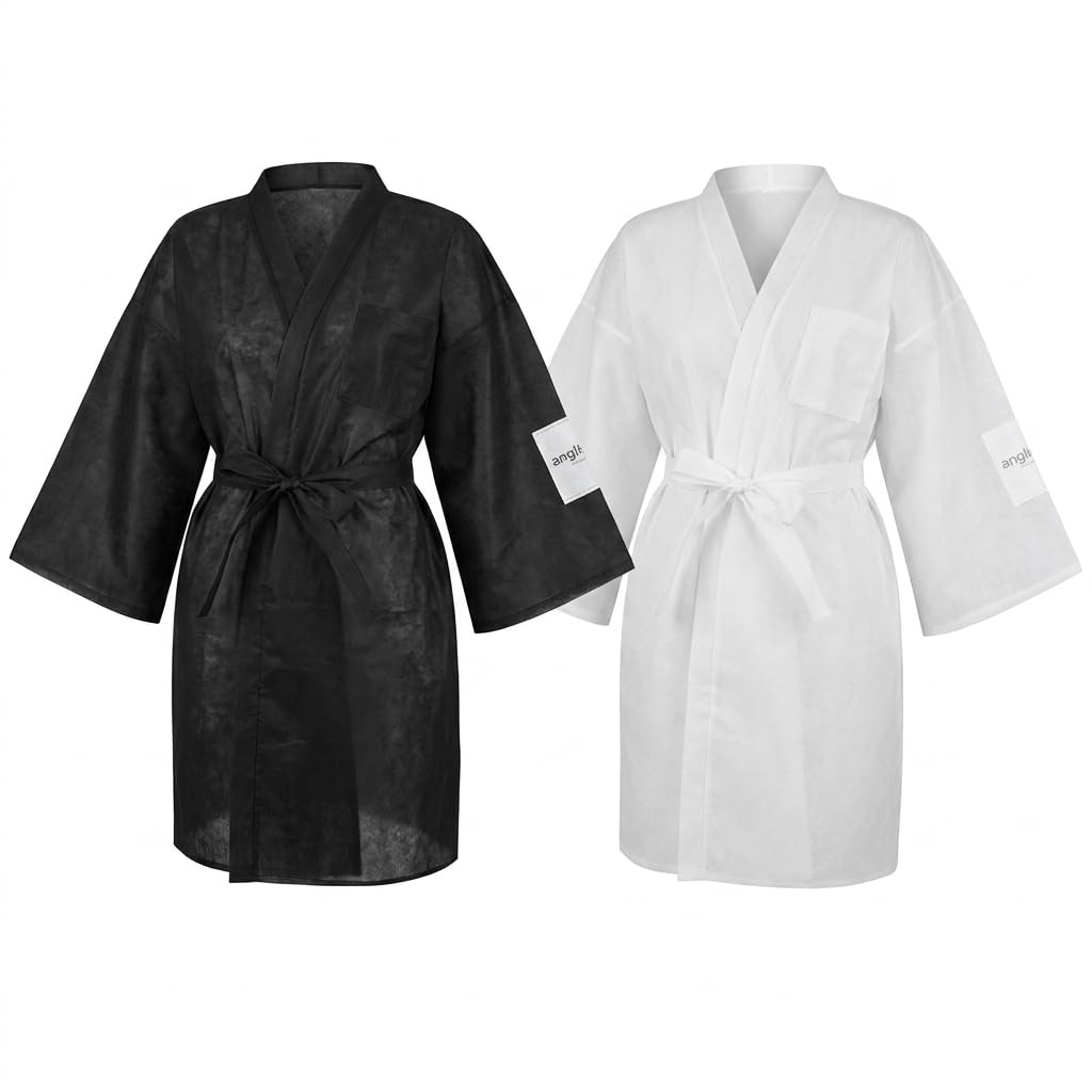 100 Batas desechables kimono polipropileno PP 40 g media manga bolsillo hombro, cierre cinturón, hipoalergénicas, estética, peluquería, spa, blanco y negro (Blanco)