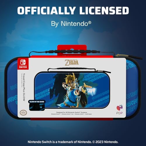 Image of PDP Nintendo Switch Travel Case Plus GLOW with Wrist Strap, Built-in Stand & Game Storage Pockets, Licensed for Switch Lite /OLED: Legend of Zelda Tears of the Kingdom Link Hero Blue (Glow in the Dark)