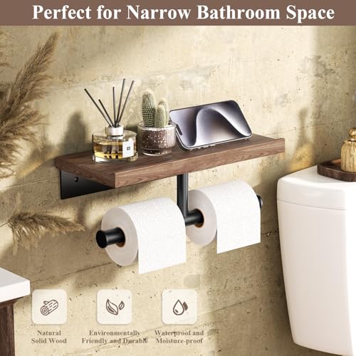 Image of Tindbea Double Toilet Paper Holder with Wood Shelf, Wooden Wall Mount Toilet Paper Roll Holder, Matte Black Stainless Steel Bathroom Toilet Tissue Holder (Walnut)