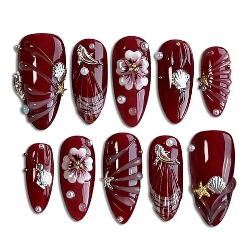 HOSAILY 3D Flower Burgundy Press on Nails Short Almond Cute Fake Nails with Gold Starfish Shell Dolphin Charm Design 30pcs Glossy Salon Quality Spring Summer Vacation Glue on Nails for Women
