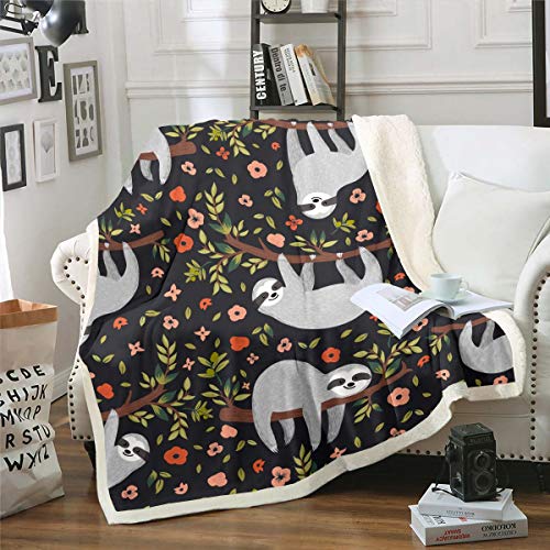 Loussiesd Sloth Fleece Throw Blanket Cartoon Sloth Print Sherpa Blanket for Kids Boys Girls Botanical Floral Plush Blanket Leaves and Branches Fuzzy Blanket for Sofa Bed Couch Baby 30x40 Inch