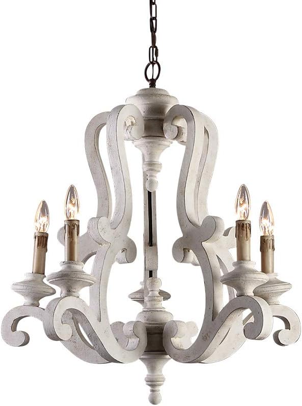 Lovedima Cottage Style Distressed Wood 5-Light Candelabra Chandelier with Scrolled Arms & Rust Canopy (Distressed White)