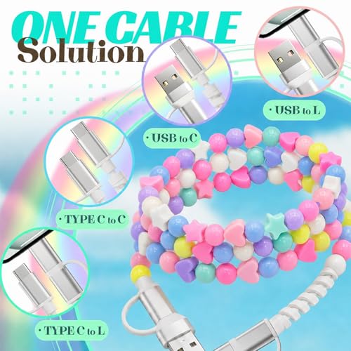 Image of 4-in-1 Beaded Charging Cable, MFi Certified, Works with CarPlay, 3.3FT 60W Fast Charger Cord for iPhone 17 /16 /15 /14 /13 /12 /11, iPad, Samsung, Android and More (Pastel Charms)