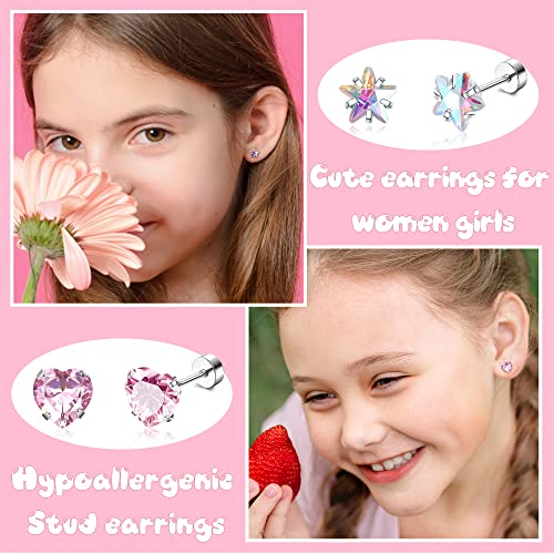 SAILIMUE 21Pairs Screw Back Stud Earrings For Women Hypoallergenic Surgical Steel Screwback Earrings Star Moon Flower Heart Butterfly CZ Tiny Cartilage Tragus Daith Helix Flat Back Earrings Piercing Jewelry 20G4