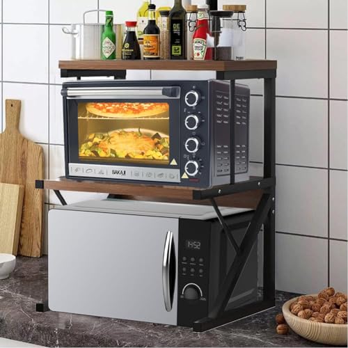 Shally Dogan Scaffalatura Salvaspazio Porta Microonde in Acciaio, Scaffale da Cucina con Ripiano Portaspezie, Unità di Mensole 2 Scomparti Piedini Antiscivolo, Mensola Design Moderno (Noce + Nero) - immagine 3