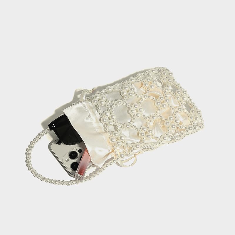 Cute Crossbody Bag Pearl Purse, Fashion Sling Handmade Pearl Beaded y2k Handbags Chic Ladies Hobo Beaded Shoulder Bag (Cream)2