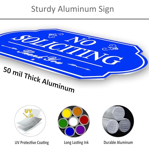 Image of Heavy Duty No Soliciting Sign for House - All Metal Construction No Soliciting Yard Sign - 14 inch x 7 inch - Aluminum - with 28 inch Long Stake (Blue)