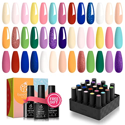 Beetles 20 Pcs Gel Nail Polish Kit, Pastel Pink Yellow Blue Red Glitter Nude Gel Polish Soak Off Gel Nail Kit with Glossy & Matte Top Coat Base Gel Nail Art Design Spring Summer Nails Gifts for Women