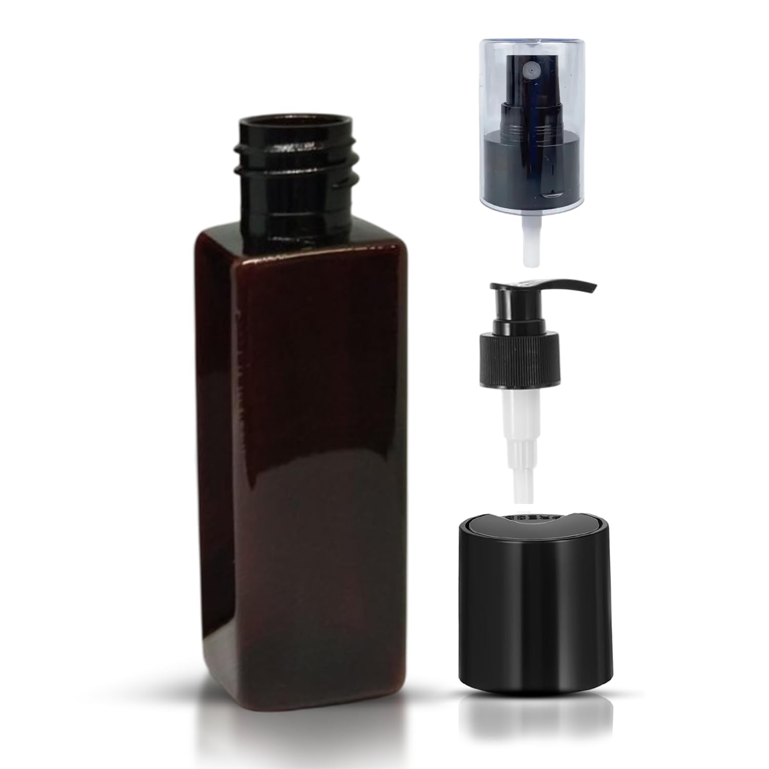 empty plastic bottles with disc top flip cap, pump and spray bpa-free containers for shampoo, lotions, liquid body soap, creams (square brown, 100ml)
