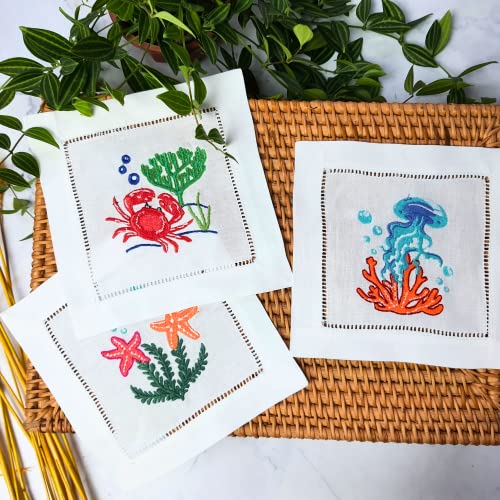 Hcraft Embroidered White Cocktail Napkins 6"X6" Set Of 6 Cloth Napkin Coasters, Mix Sealifes Embroidered Cocktail Napkins For Christmas Cocktail Napkins Parties, Ladder Hemstitch, Great Present Ideas #TOP1