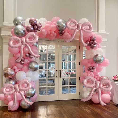 Image of 2 Pcs Pink Bow Balloons Bow Party Decorations for Girl Women Pink Bow Birthday Decorations Giant Foil Balloon for Baby Shower Bridal Engagement Wedding Decor Bachelorette Party Supplies