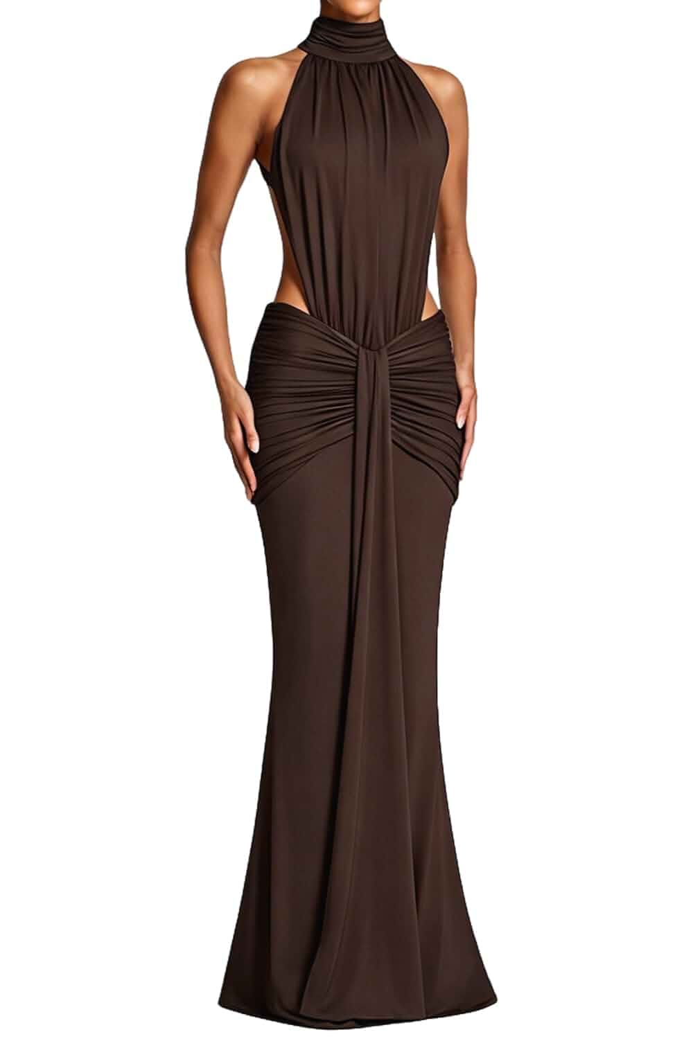 Women's Sexy Halter Sleeveless Cut Out Backless Bodycon Maxi Dress Deep V-Neck,Ruched Gown, Formal Evening Party, Wedding Guest, Cocktail Night Events