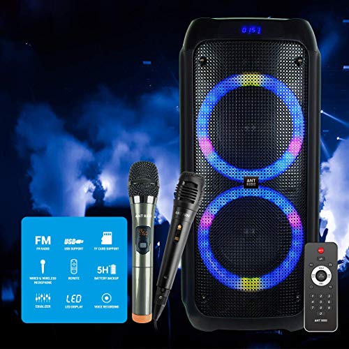 Image of Ant Audio Rock 750 Portable Party Karaoke Bluetooth Speaker with FM Radio, Micro SD Card, USB, LED Lights Comes with 8inch(20cm) Dual Subwoofer - 75 watt