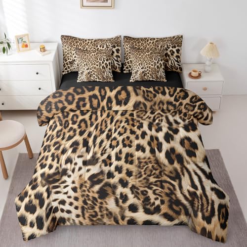Feelyou Leopard Print Comforter Set with Sheets Set Full, Cheetah Print 7 Piece Bedding Set Kids Wild Animal Bedding Sets with Quilted Comforter, Flat Sheet, Fitted Sheet, Pillowcases, Pillow Covers