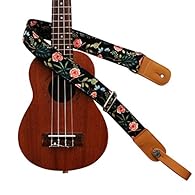 MUSIC FIRST Original Design “Dark Night Garden” Soft Cotton & Genuine Leather Ukulele Strap Ukulele Shoulder Strap With a MUSIC FIRST Genuine Leather Strap Locker Beautiful Dark Night Garden's Flower patterned Cotton Strap with Genuine Leather Strap ...