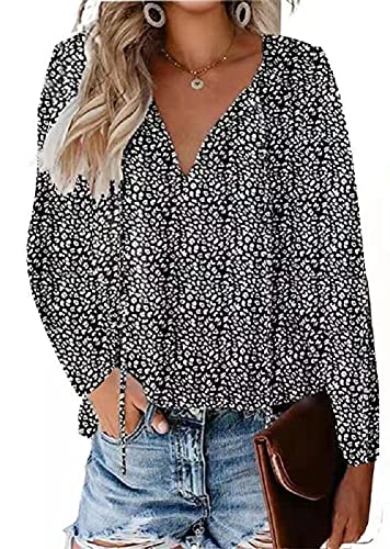 Ceryiwer Women's Short Sleeve Casual Shirts Boho Floral Print V Neck Tops Loose Blouses (Large, Black Long Sleeve) #TOP29