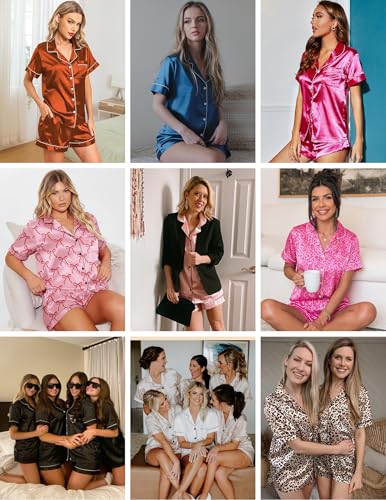 Image of Ekouaer Womens Silk Satin Pajama Sets Soft Short Sleeve Button Down Sleepwear Top and Shorts 2 Piece Pjs Lounge Set