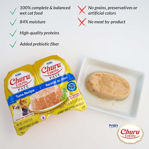 Image of INABA Churu Entree Pate for Cats, Grain-Free, High Protein & Moisture, Prebiotic Wet Cat Food, 1.23oz. per Serving, 12 Servings, Chicken Recipe with Tuna (Pack of 2)