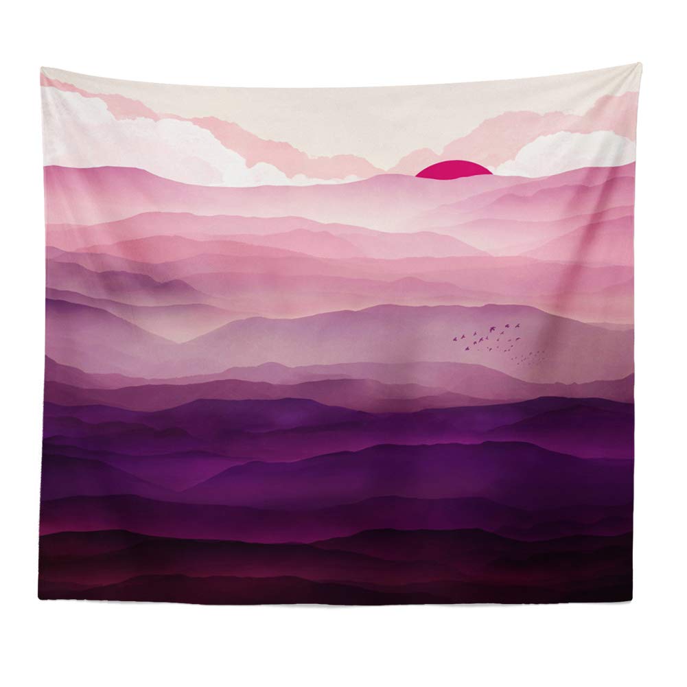 Boyouth Landscape02 Nature Landscape Tapestry Wall Hanging,Abstract Purple Mountains,Sunset And Birds Pattern Digital Print Art Wall Tapestries Home Decor,Mural,Beach Towel,59.1 Inch By 78.7 Inch