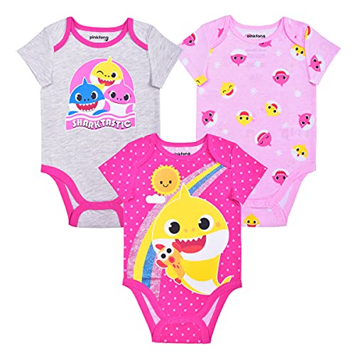 Image of Nickelodeon Baby Shark Girls’ 3 Pack Short Sleeve Bodysuit for Newborn and Infant – Pink/Grey
