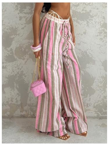 GORGLITTER Women's Striped Linen Pants Summer Casual Boho Bow Elastic Low Waist Drawstring Wide Leg Pants Dressy2
