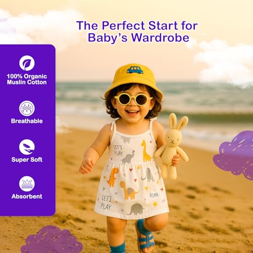 Image of Kidbea Cotton Baby Dress for Girls | Soft Sleeveless Summer Dress for Girl | Cute Printed Newborn Baby Muslin Frocks with Tie-Up Closure